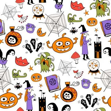 Seamless vector pattern with monster and pumpkin, web, sweet candy Stock Illustration