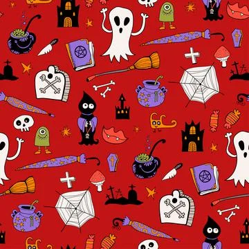 Seamless vector pattern with monster and pumpkin, web, sweet candy イラスト素材