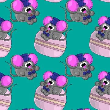 Seamless vector pattern with mouse and macaroon Stock Illustration