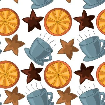 Seamless vector pattern with a mug, an orange slice, and a star-shaped cookie Stock Illustration