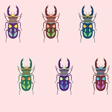 Seamless vector pattern of multi-colored stylized deer beetles. 库存插图