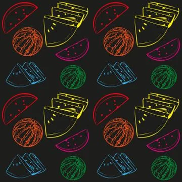 Seamless vector pattern of a multi-colored watermelon outline on a black Stock Illustration