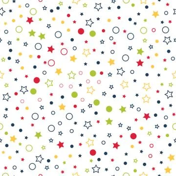 Seamless vector pattern with multicolor stars, circles and dots on white Stock Illustration