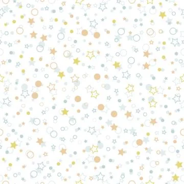 Seamless vector pattern with multicolor stars, circles and dots on white Stock Illustration