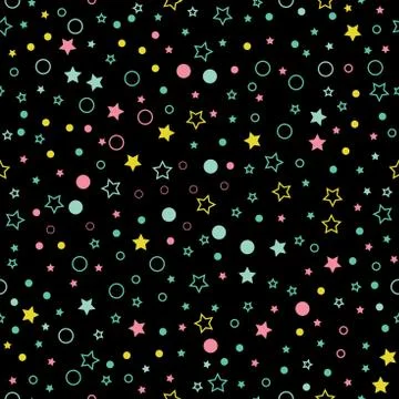 Seamless vector pattern with multicolor stars, circles and dots on black Stock Illustration