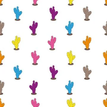 Seamless vector pattern. Multicolored cacti isolated on white background. Vec Stock Illustration