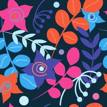 Seamless vector pattern with multicolored flowers and plants Stock Illustration