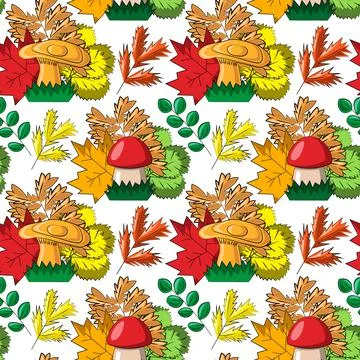 Seamless vector pattern with mushroom and autumns leaf Stock-Illustration