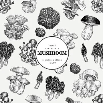 Seamless vector pattern with mushrooms. Hand drawn background with different Stock Illustration