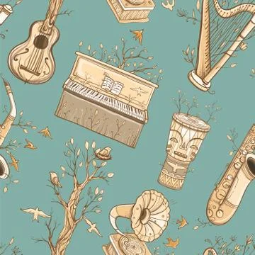 Seamless vector pattern with musical instruments, trees, birds. Stock Illustration