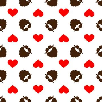 Seamless vector pattern with a mustache, beard, and heart. Brown and red 스톡 일러스트