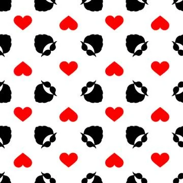 Seamless vector pattern with a mustache, beard, and decorative heart. Black, red 스톡 일러스트