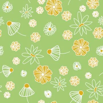 Seamless vector pattern with naive daisy flowers on a green background Stock Illustration