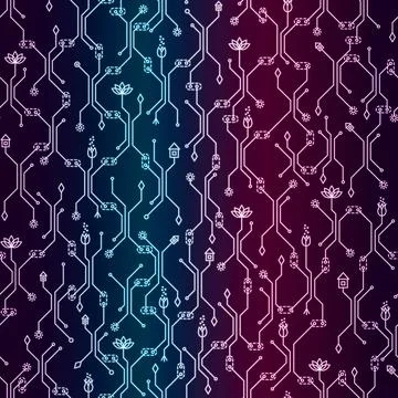 Seamless vector pattern, neon neon colored microchip with flowers, futuristic Stockillustratie