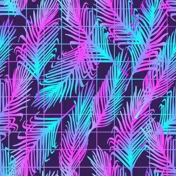 Seamless vector pattern with neon palm leaves. Tropical glowing background with Stockillustratie