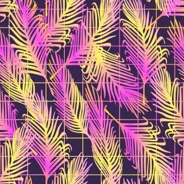 Seamless vector pattern with neon palm leaves. Tropical glowing background with 스톡 일러스트
