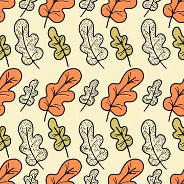 Seamless vector pattern with orange and green leaves in doodle style on yellow Stock Illustration