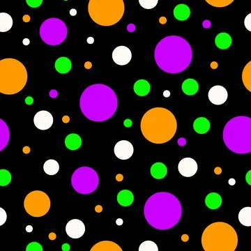 Seamless vector pattern with orange, green, purple colored polka dots on black Stock Illustration