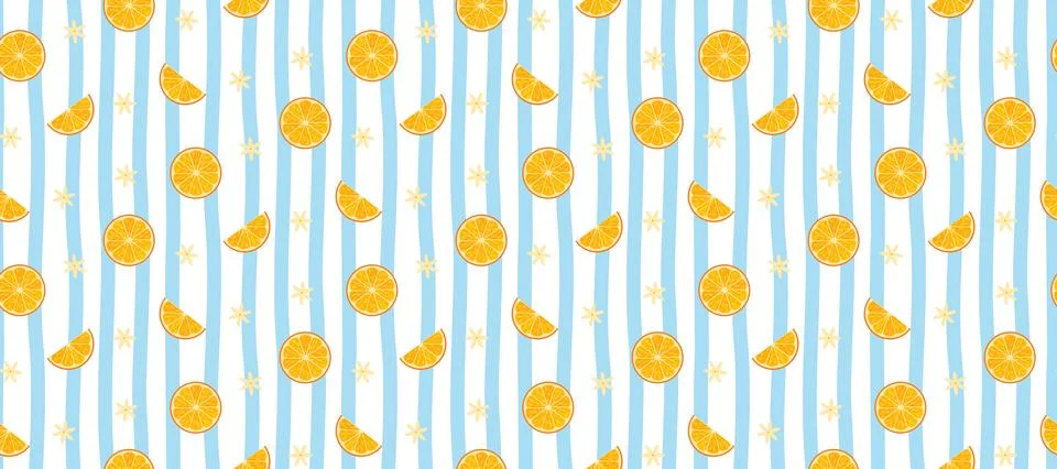 Seamless vector pattern with orange slices and citrus flowers on blue strip.. Stock Illustration