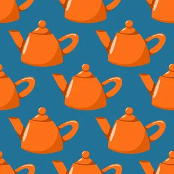 Seamless vector pattern of orange teapots on blue background. Stock Illustration