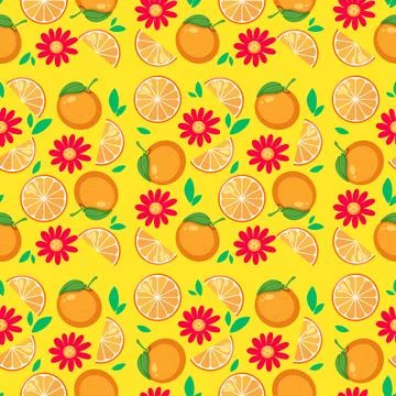 Seamless Vector Pattern with Oranges and Pink Flowers on Yellow Background Illustrazione stock