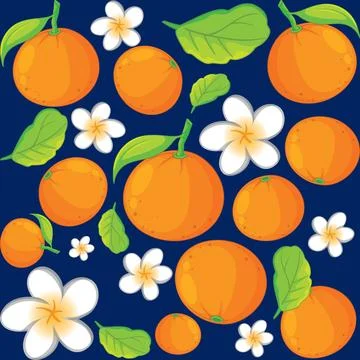 Seamless Vector Pattern of Oranges and White Tropical Flowers on Blue 스톡 일러스트