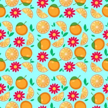 Seamless Vector Pattern with Oranges and Pink Flowers on Blue Background イラスト素材