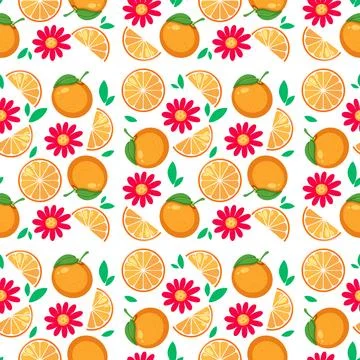 Seamless Vector Pattern with Oranges and Pink Flowers on White Stock Illustration