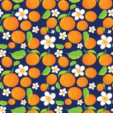Seamless Vector Pattern of Oranges and White Flowers on Blue Stockillustratie