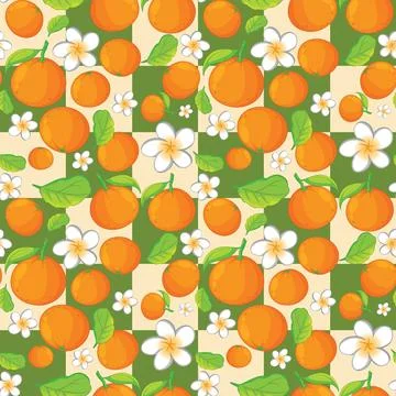 Seamless Vector Pattern with Oranges and Tropical Flowers on Checkerboard イラスト素材