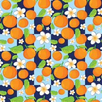 Seamless Vector Pattern with Oranges and White Flowers on Blue Checkerboard 스톡 일러스트