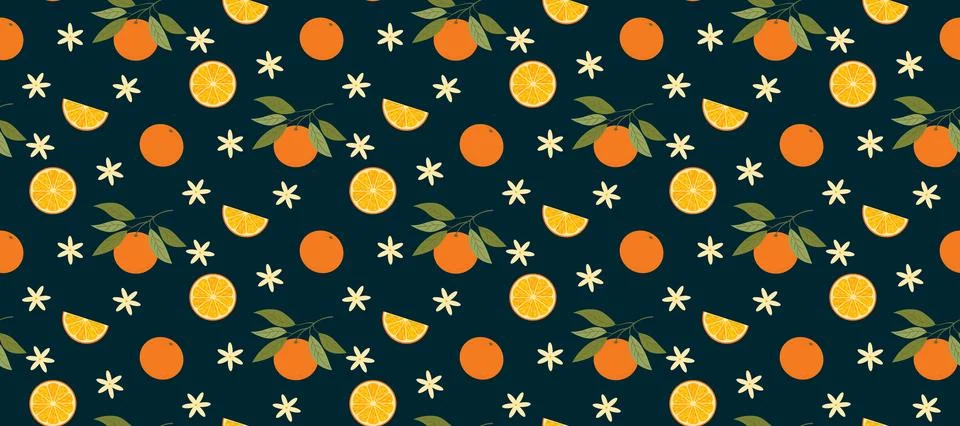 Seamless vector pattern with oranges, slices, and blossom flowers on dark b.. Stock Illustration