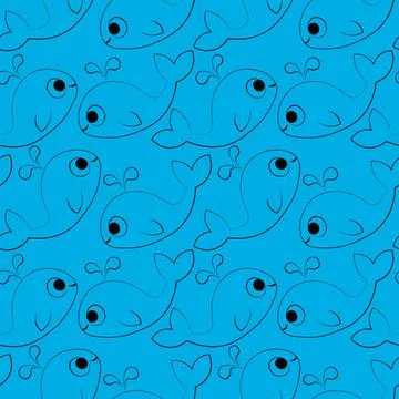 Seamless vector pattern with outline blue whale Stock Illustration