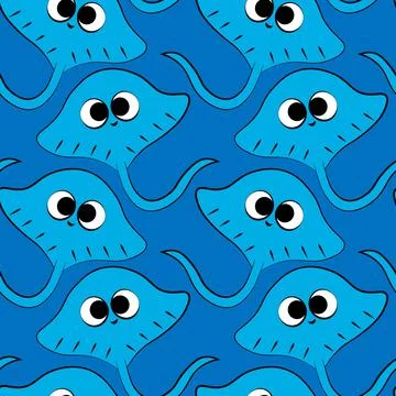 Seamless vector pattern with outline blue cute stingray Stock Illustration
