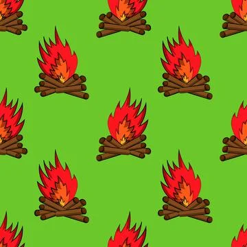Seamless vector pattern with outline bonfire in green Stock Illustration