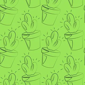 Seamless vector pattern with outline cactus in pot Illustrazione stock