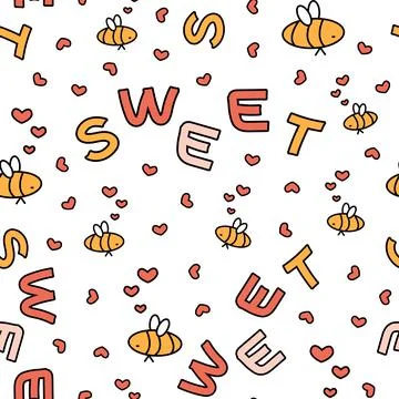 Seamless vector pattern of outline cartoon simple bees, hearts, Sweet letters Stock Illustration