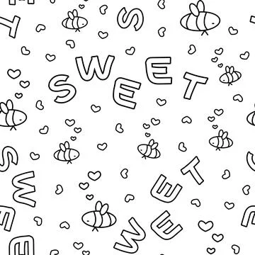 Seamless vector pattern of outline cartoon simple bees, hearts, Sweet letters 스톡 일러스트