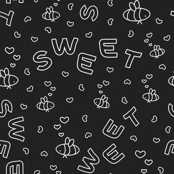 Seamless vector pattern of outline cartoon simple bees, hearts, Sweet letters Stock Illustration
