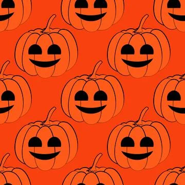 Seamless vector pattern with outline cartoon horror orange pumpkin Stock Illustration