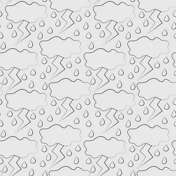 Seamless vector pattern with outline cloud and lightning Stock Illustration
