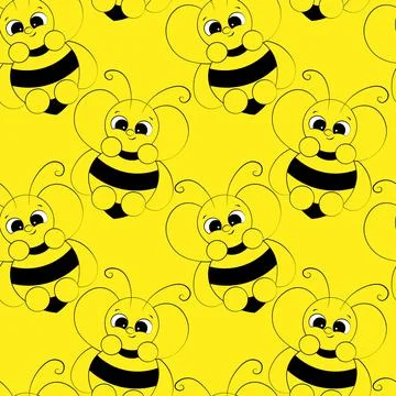 Seamless vector pattern with outline cute cartoon bee 스톡 일러스트