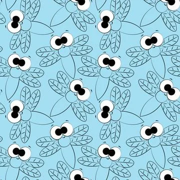 Seamless vector pattern with outline cute blue dragonfly Stock Illustration