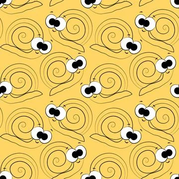 Seamless vector pattern with outline cute orange snail Stock Illustration