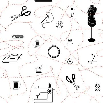 Seamless vector pattern with outline doodle sewing elements. Stock Illustration