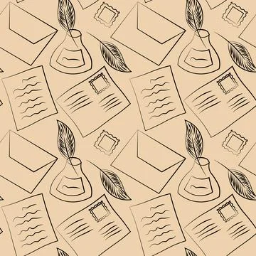 Seamless vector pattern with outline envelope, paper and inkwell Illustrazione stock