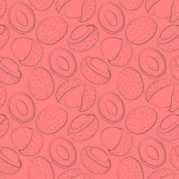 Seamless vector pattern with outline exotic pink lychees Stock Illustration