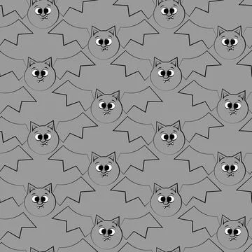 Seamless vector pattern with outline gray cute cartoon bat Stock Illustration