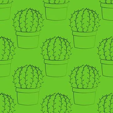 Seamless vector pattern with outline green cactus Stock Illustration