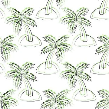 Seamless vector pattern with outline green Island with palm tree Illustrazione stock